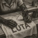 Ilustração feita por inteligência artificial de uma costureira costurando a palavra "luta".