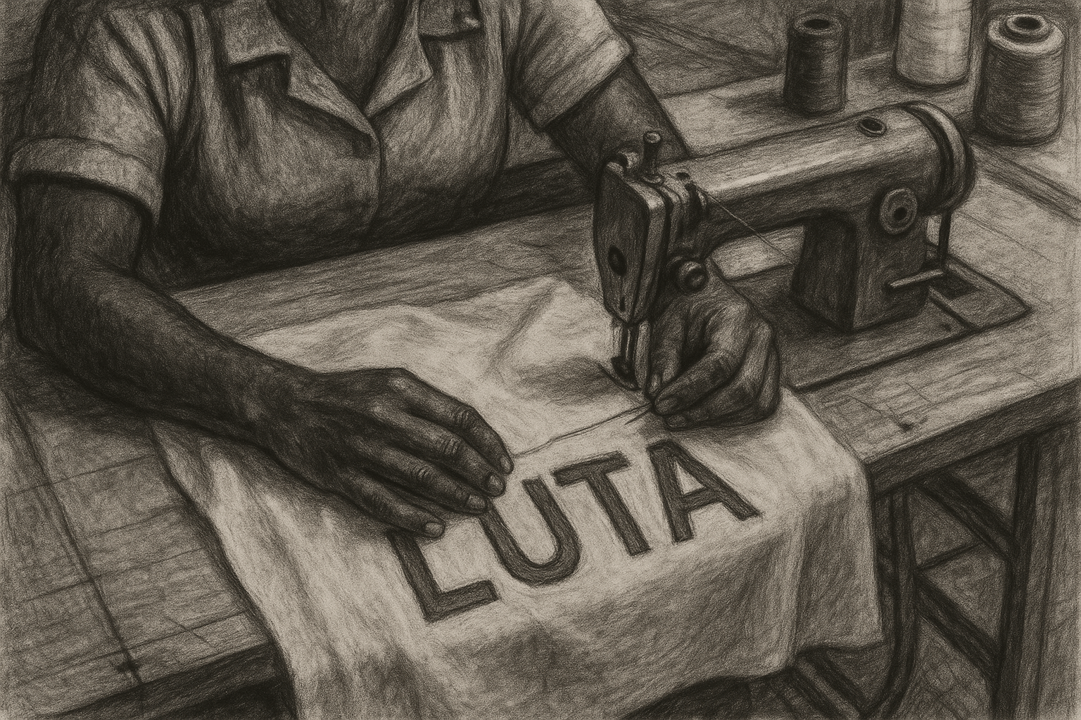 Ilustração feita por inteligência artificial de uma costureira costurando a palavra "luta".